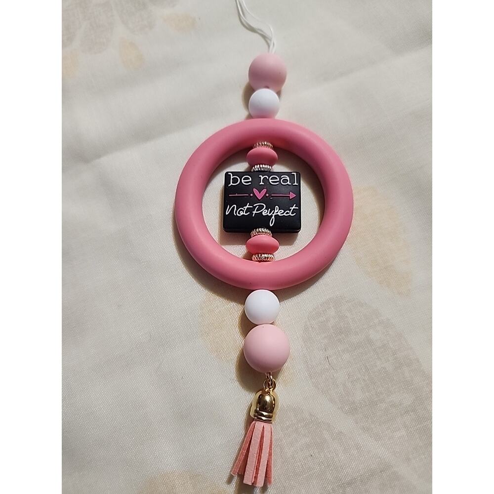 Beaded Car Charm For Rear View 'Be Real Not Perfect' Pink Handmade - Picture 3 of 5
